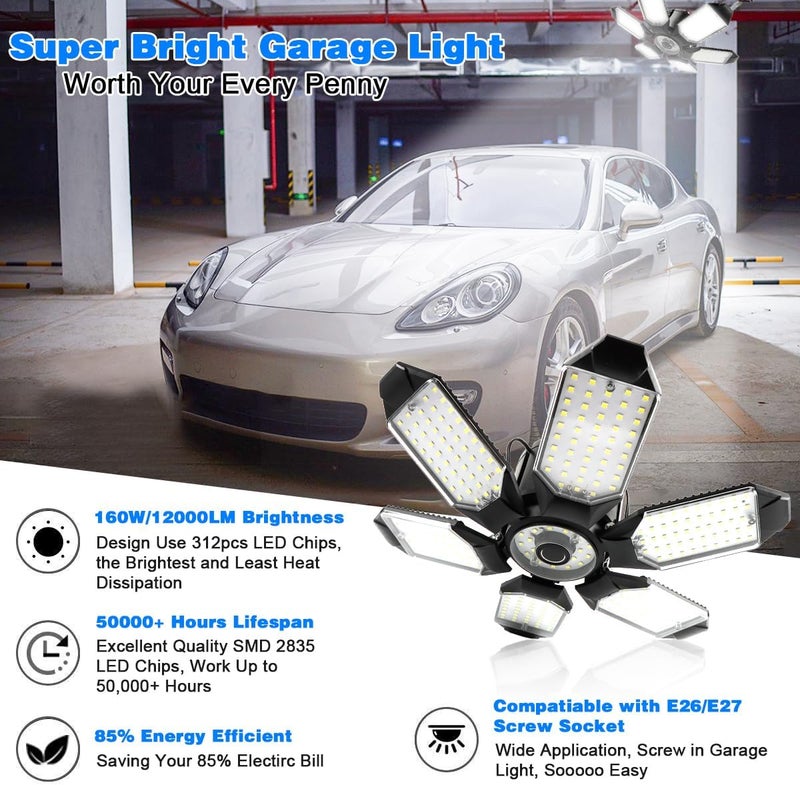 POLARPRA LED Garage Light - 160W LED Garage Ceiling Lights 16000LM Super Bright Garage Lighting with 6 Deformable Panels E26/E27 Screw in Led Shop Lights for Basement Workshop Warehouse Attic - Image 2